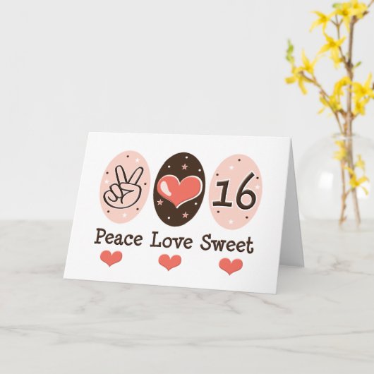 Carte d'anniversaire Peace Love Sweet Seize Ans (Fleur jaune)