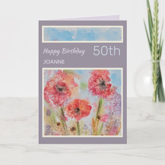 Carte d'anniversaire personnalisée 50e Fleurs Abst (Devant)