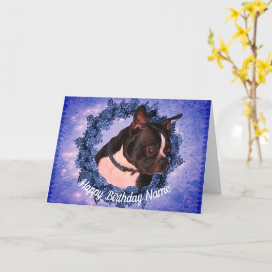 Carte d'anniversaire personnalisée Boston Terrier (Fleur jaune)