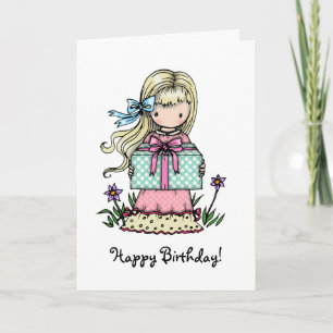 Carte d'anniversaire Petite Fille Tenant un Cadeau
