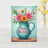 Carte d'anniversaire Pitcher sarcelle (Fleur jaune)