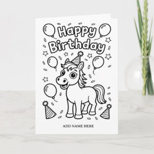 carte d'anniversaire pliée à colorier cheval DIY
