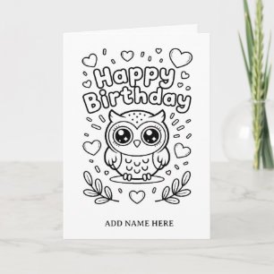 carte d'anniversaire pliée à colorier DIY chouette
