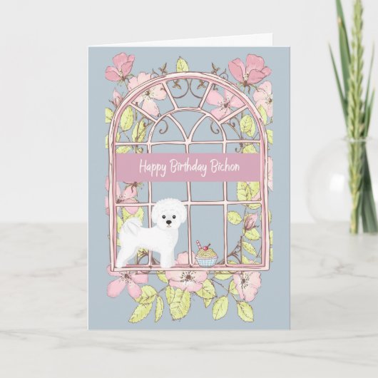 Carte d'anniversaire pour Bichon Dog. Fenêtre flor (Devant)