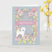Carte d'anniversaire pour Bichon Dog. Fenêtre flor (Fleur jaune)