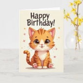 Carte d'anniversaire pour chat orange mignon (Fleur jaune)