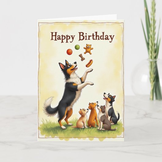 Carte d'anniversaire pour chien jongleur (Devant)