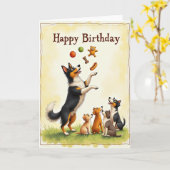 Carte d'anniversaire pour chien jongleur (Fleur jaune)