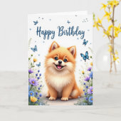 Carte d'anniversaire pour chiot heureux (Fleur jaune)