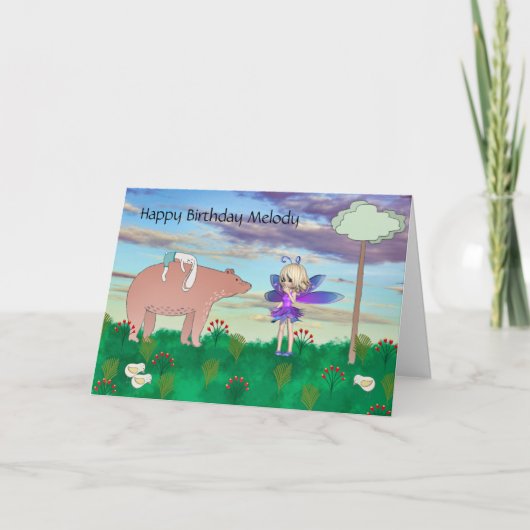 Carte d'anniversaire pour enfant avec ours et fée (Devant)