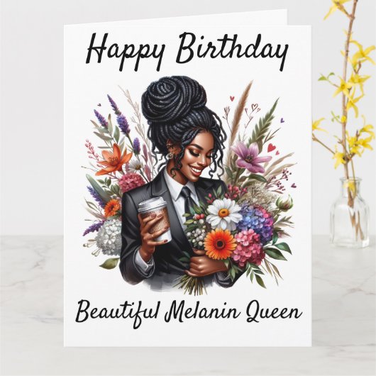 Carte d'anniversaire pour femme noire (Fleur jaune)