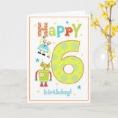 Carte d'anniversaire pour garçons 6 ans - Robots (Fleur jaune)