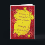 Carte d'anniversaire pour l'arrière-grand-mère<br><div class="desc">Une carte d'anniversaire brillante aux étoiles rouges et jaunes. Une carte animée pour les jeunes de coeur. Une belle carte d'anniversaire pour une arrière grand-mère. Voir tous les âges et relations dans mon magasin : http://www.zazzle.com/eggznbeenz</div>