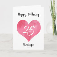 Carte d'anniversaire Red Watercolor Heart 25th Bir