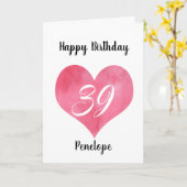 Carte d'anniversaire Red Watercolor Heart 39th Bir (Fleur jaune)
