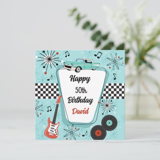 Carte d'anniversaire rétro des années 50 bleu et r (Debout devant)