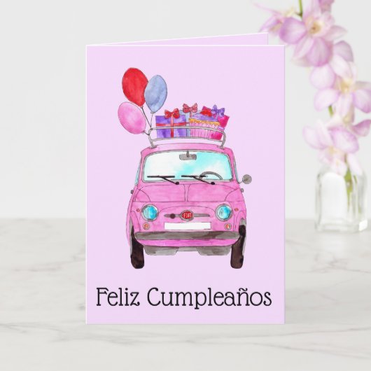 Carte d'anniversaire rétro Fiat 500 espagnole (Orchidée)
