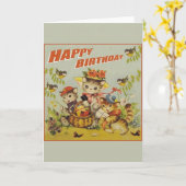 Carte d'anniversaire Retro Kittens Oiseaux et papi (Fleur jaune)