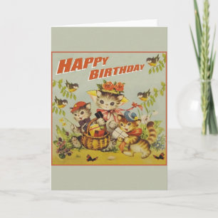 Carte d'anniversaire Retro Kittens Oiseaux et papi