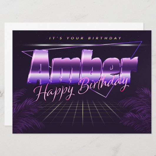 Carte d'anniversaire rétro lila prénom Amber (Devant / Derrière)