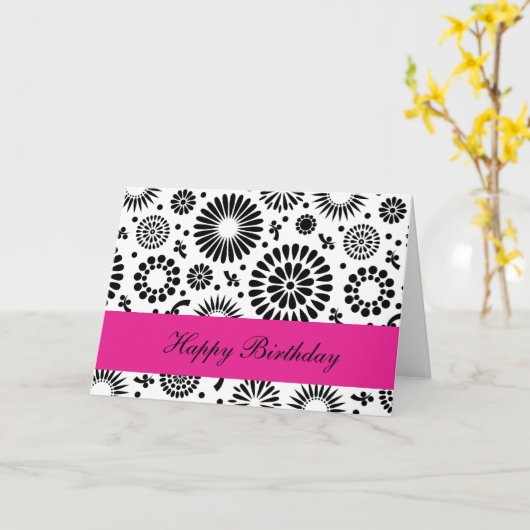 Carte d'anniversaire Retro noir fleurs blanches (Fleur jaune)