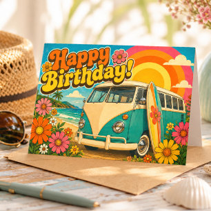 Carte d'anniversaire rétro vintage été van & surf