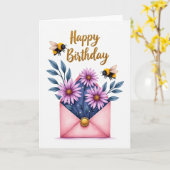 Carte d'anniversaire rose douce enveloppe (Fleur jaune)