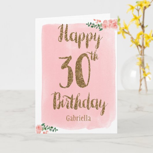 Carte d'anniversaire rose et or joyeux 30e (Fleur jaune)