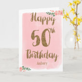 Carte d'anniversaire rose et or joyeux 50e (Fleur jaune)