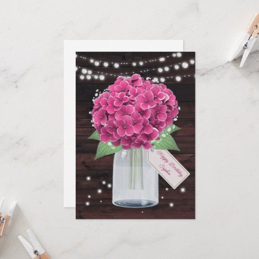 Carte d'anniversaire rose Hydrangea Floral pour so (Devant/Arrière en situation)