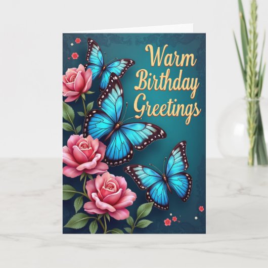 Carte d'anniversaire Rose Papillon Bleu (Devant)