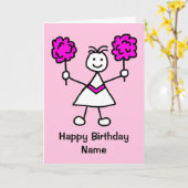 Carte d'anniversaire rose Pom-pom girl fille migno (Fleur jaune)