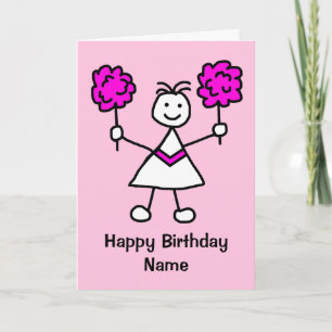 Carte d'anniversaire rose Pom-pom girl fille migno