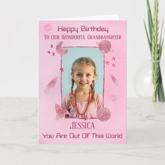 Carte d'anniversaire rose sur le thème de l'espace (Devant)