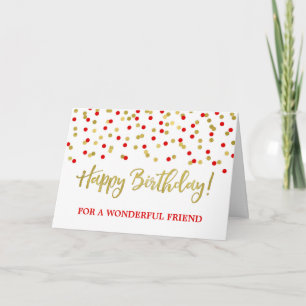 Carte d'anniversaire rouge d'ami de confettis d'or