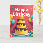 Carte d'anniversaire rouge gâteau riche (Fleur jaune)