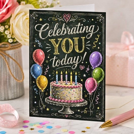 Carte d'anniversaire rustique avec gâteau et ballo
