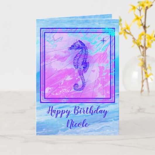 Carte d'anniversaire Seahorse avec Arrière - plan  (Fleur jaune)