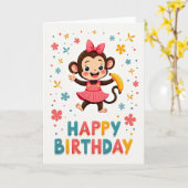 Carte d'anniversaire Singe en robe rose (Fleur jaune)