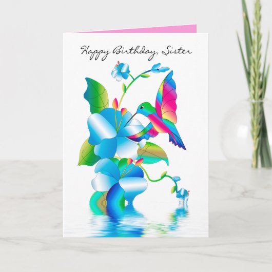 Carte d'anniversaire Sis, Hummingbird & Flowers (Devant)