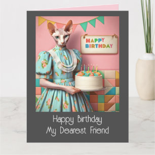 Carte d'anniversaire Sphynx Chat Lady avec Gâtea