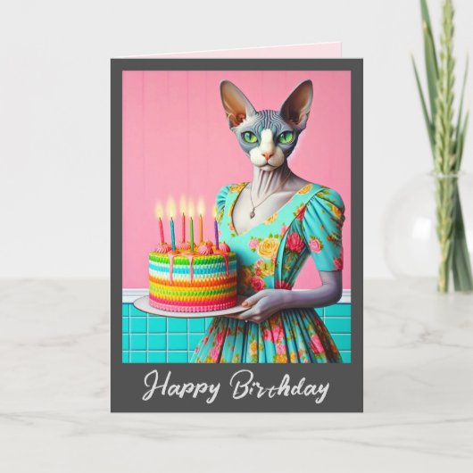 Carte d'anniversaire | Sphynx Chat Lady avec Gâtea (Devant)
