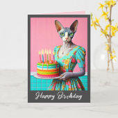 Carte d'anniversaire | Sphynx Chat Lady avec Gâtea (Fleur jaune)
