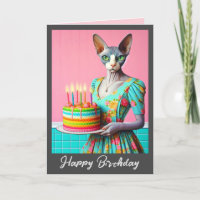 Carte d'anniversaire | Sphynx Chat Lady avec Gâtea