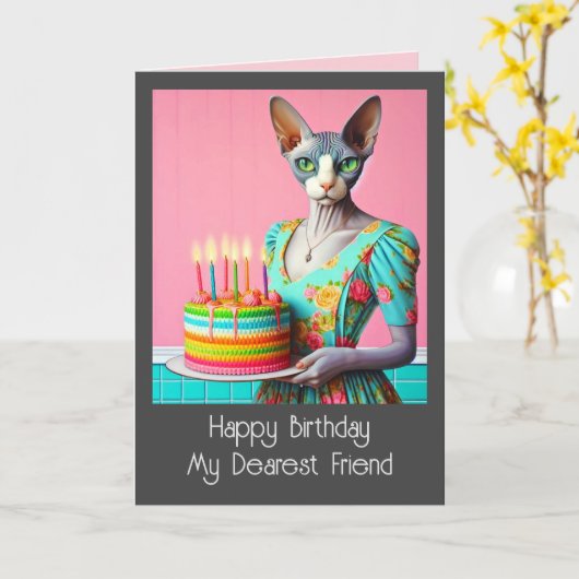 Carte d'anniversaire | Sphynx Chat Lady avec Gâtea (Fleur jaune)