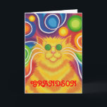 Carte d'anniversaire Super pour "Grandson"<br><div class="desc">Super bébé ! Un chat rayé jaune et orange avec des fouets tourbillonnants et un arrière - plan psychédélique à motif arc-en-ciel. Carte de voeux avec un design personnalisable jaune, orange, rouge, bleu, vert, rose, violet et blanc pour vous permettre de personnaliser avec votre propre texte, images et idées.Un dessin...</div>