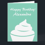 Carte d'anniversaire surdimensionnée mignonne pour<br><div class="desc">Grande carte d'anniversaire d'extra large pour des femmes, personnalisée avec le nom. Énorme carte d'anniversaire douce surdimensionnée de petit gâteau. Souhaits de Personalizable et couleur verte en bon état girly d'arrière - plan. Carte de voeux géante de XL avec la conception de gâteau de tasse. Personnalisez pour elle ; maman,...</div>