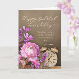 Carte d'anniversaire tardive à horloge dorée et fl