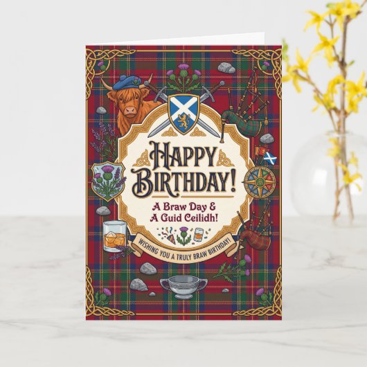 Carte d'anniversaire Tartan Écossais (Fleur jaune)