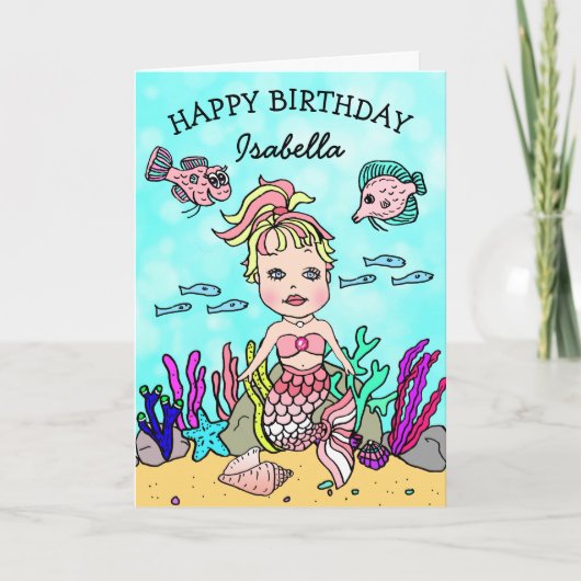 Carte d'anniversaire thème sirène rose (Devant)